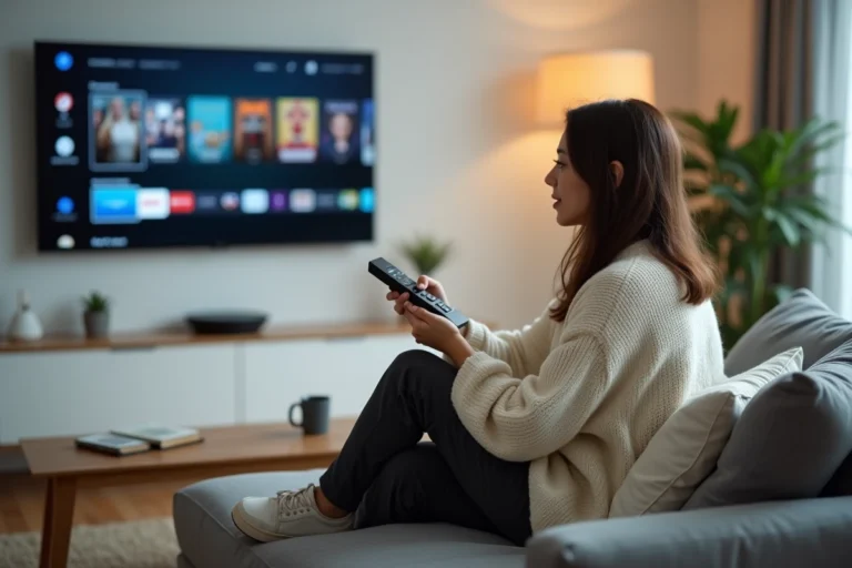 Femme regardant un service de streaming légal sur sa télévision dans un salon moderne et cosy