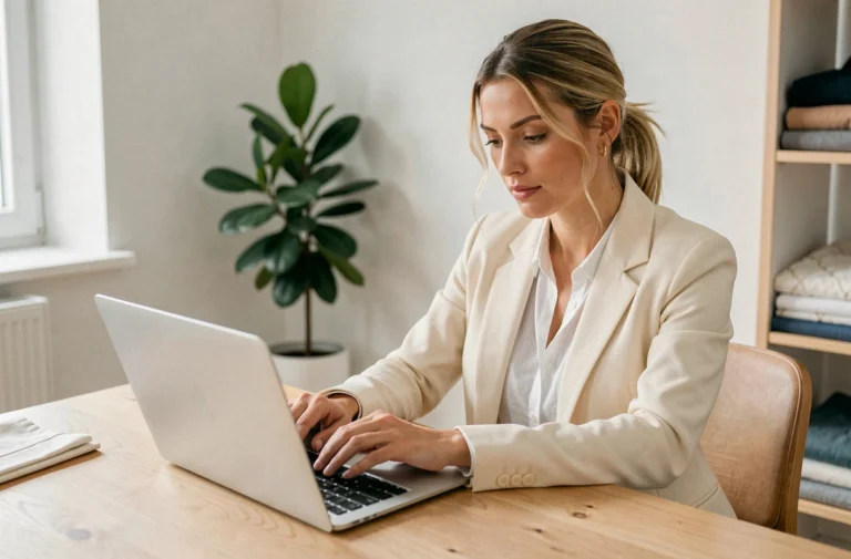 Femme stylée consultant des tendances mode sur ordinateur portable dans un bureau minimaliste scandinave