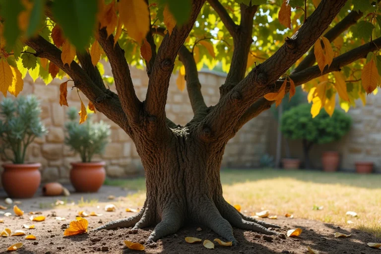 Figuier en plein air avec des feuilles jaunes tombantes dans un jardin méditerranéen, signe de stress hydrique ou de maladie