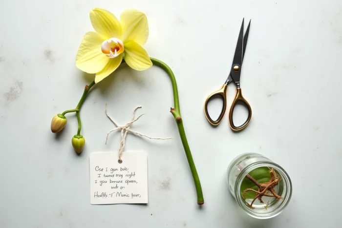 Vue de dessus d'une tige d'orchidée jaunie coupée posée sur une surface en béton avec cisailles de jardinage, notes de soin et racines saines en bocal d'eau