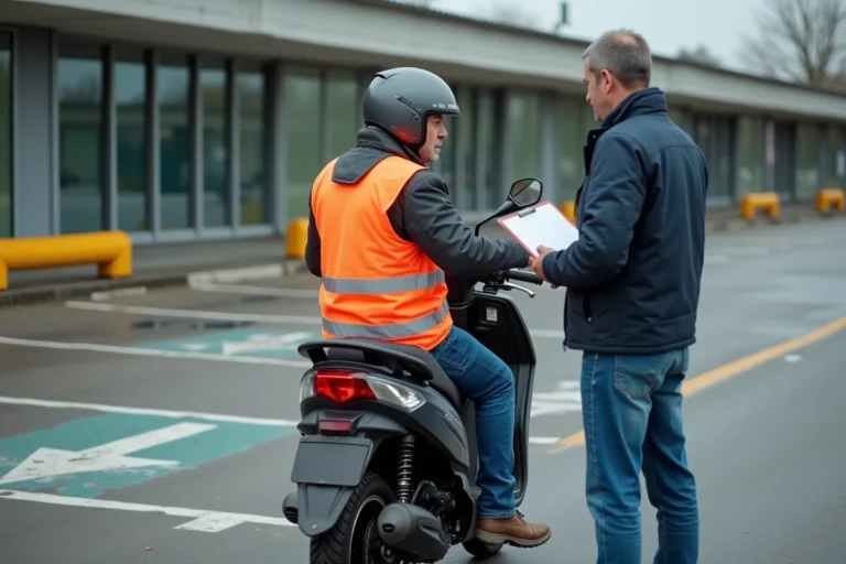 Un homme en veste de moto et gilet orange écoute les consignes d'un moniteur auto-école lors d'une formation 125cc sur un parking d'entraînement