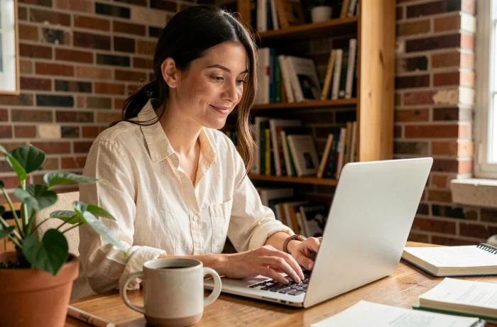 Freelance femme travaillant sur son ordinateur portable dans un bureau à domicile chaleureux, illustrant l'adoption d'outils collaboratifs comme Grovop en 2024