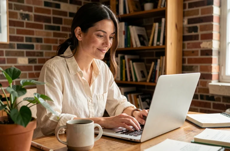 Freelance femme travaillant sur son ordinateur portable dans un bureau à domicile chaleureux, illustrant l'adoption d'outils collaboratifs comme Grovop en 2024