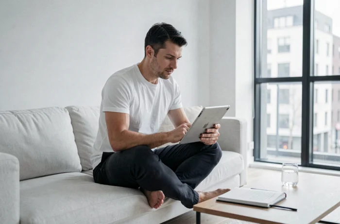 Homme freelance travaillant sur une tablette dans un appartement minimaliste, symbolisant la flexibilité et l'autonomie offertes par des plateformes comme Grovop aux indépendants en 2024