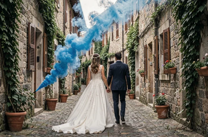 Couple de mariés de dos marchant dans une ruelle pavée avec un fumigène bleu produisant une fumée colorée lors de leur mariage