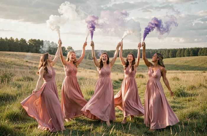 Groupe de demoiselles d'honneur tenant des fumigènes blancs et violets dans un champ de campagne lors d'un mariage champêtre