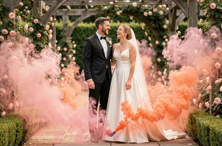 Couple de mariés tenant des fumigènes colorés roses et corail dans un jardin fleuri lors d'une cérémonie de mariage en plein air
