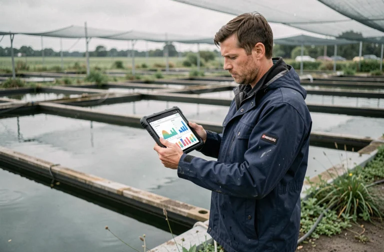 Responsable de pisciculture utilisant une tablette numérique pour gérer les stocks de poissons au bord d'un bassin d'aquaculture