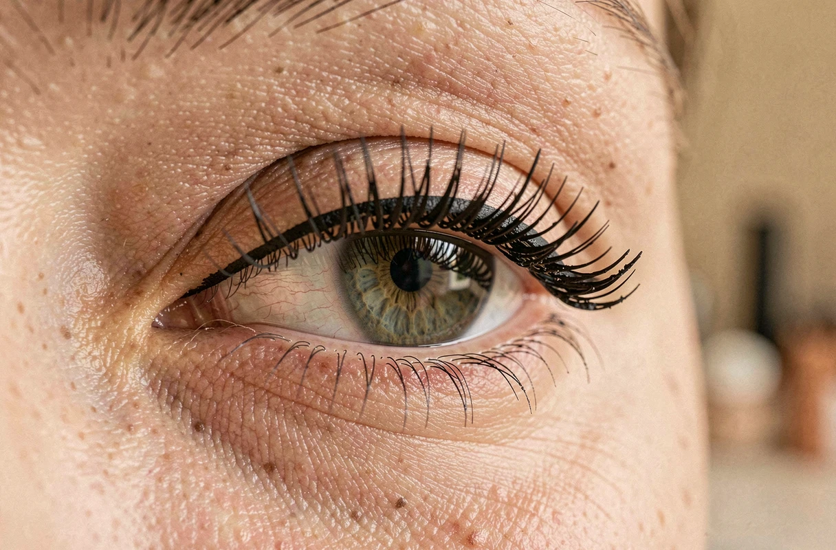 Gros plan d'un œil féminin mettant en valeur des cils définis au mascara et un trait de ricil précis sur la paupière