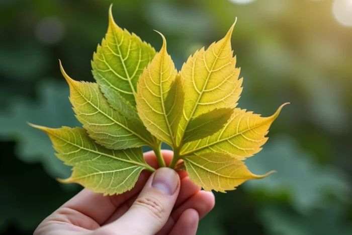 Gros plan sur des feuilles de figuier jaunissantes montrant les signes de carence en nutriments ou d'arrosage excessif