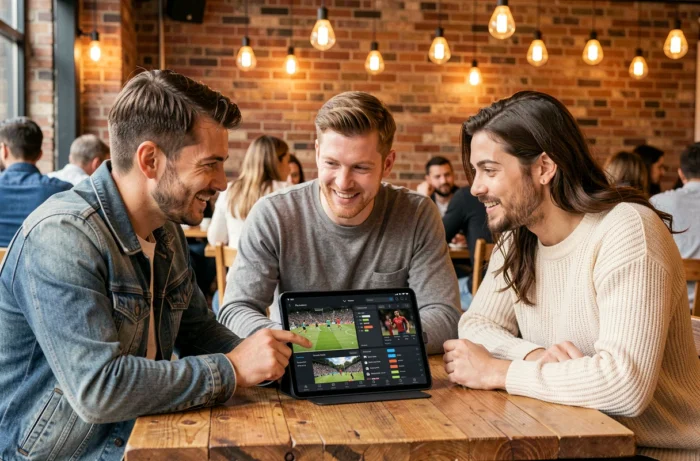 Groupe d'amis consultant des actualités et analyses sportives sur une tablette dans un café urbain animé