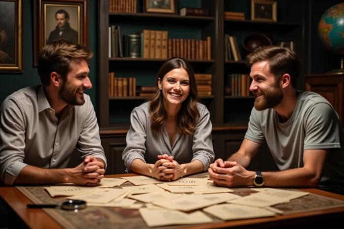 Groupe de trois adultes collaborant autour d'une table avec des indices dans un escape game de style victorien