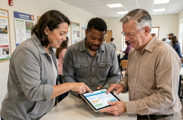 Groupe de personnes consultant des offres d'emploi locales sur une tablette dans un centre communautaire