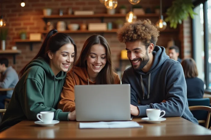 Groupe d'étudiants cherchant un emploi étudiant ensemble autour d'un ordinateur dans un café
