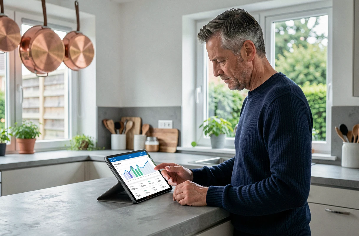 Homme de 40 ans consultant un tableau de bord d'épargne sur une tablette dans une cuisine moderne