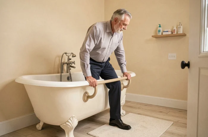 Homme âgé utilisant une barre d'appui ventouse pour sortir du bain en toute sécurité