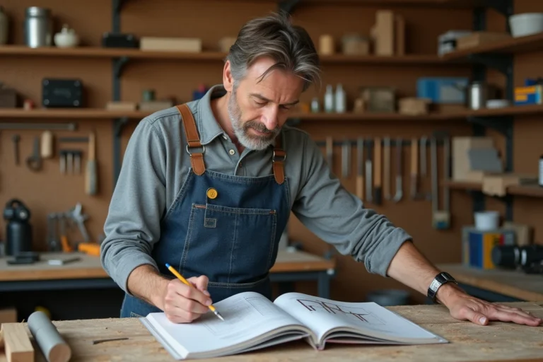 Homme bricoleur consultant un magazine de bricolage sur son établi en bois dans un atelier bien organisé