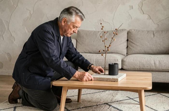 Homme arrangeant un plateau en pierre sur une table basse japandi dans un salon au style wabi-sabi épuré
