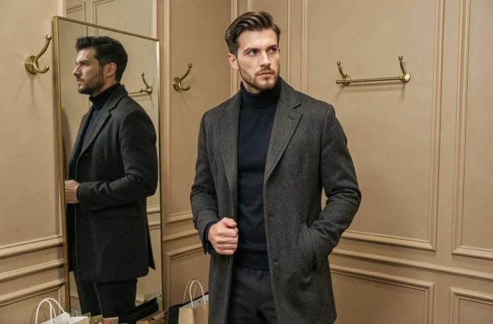 Homme essayant un manteau en laine dans une cabine d'essayage de boutique de mode moderne