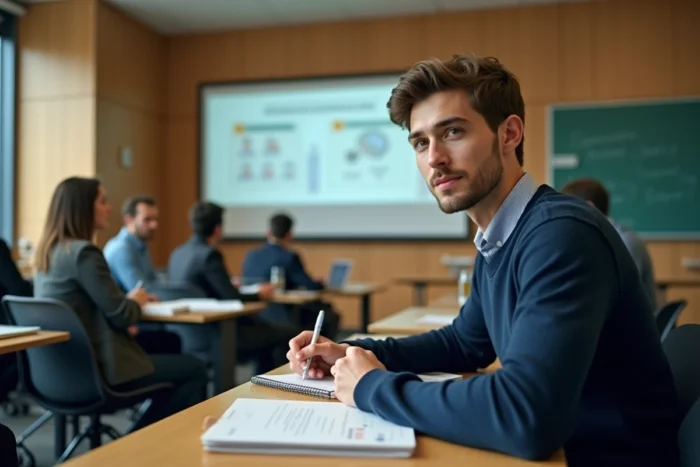 Homme en formation préparatoire au concours CPE dans une salle de cours universitaire moderne