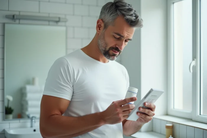 Homme lisant attentivement la notice d'un complément alimentaire Indiva System dans une salle de bain
