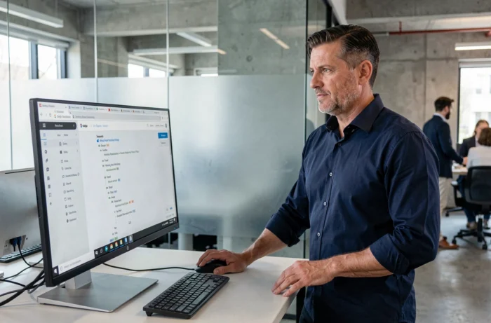 Homme professionnel naviguant un sitemap de site web sur un grand écran dans un bureau moderne
