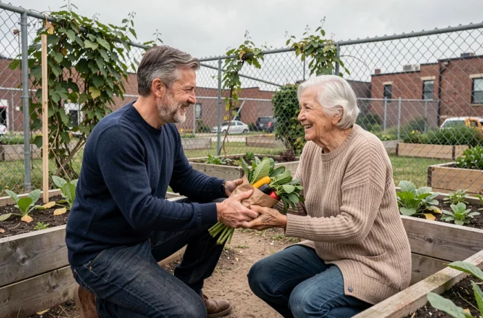Homme partageant des légumes du jardin communautaire avec un voisin âgé, symbole de générosité et de partage optimal