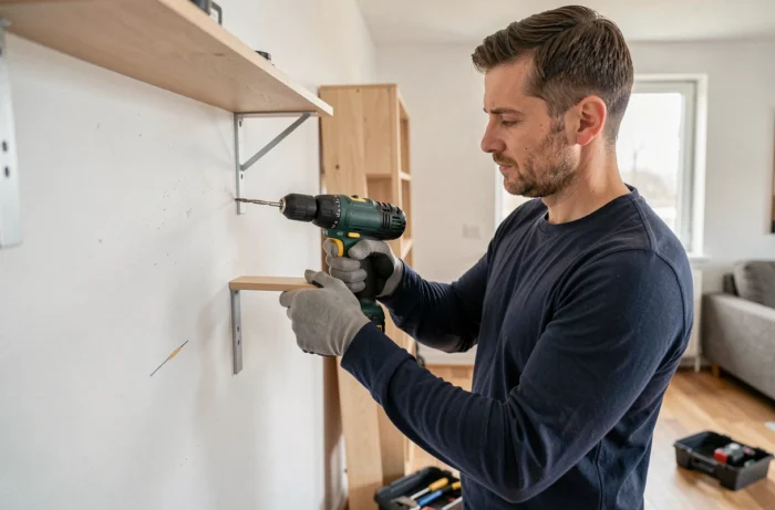 Homme en train de visser un support d'étagère murale avec une perceuse sans fil dans un appartement moderne lors d'un atelier bricolage pratique