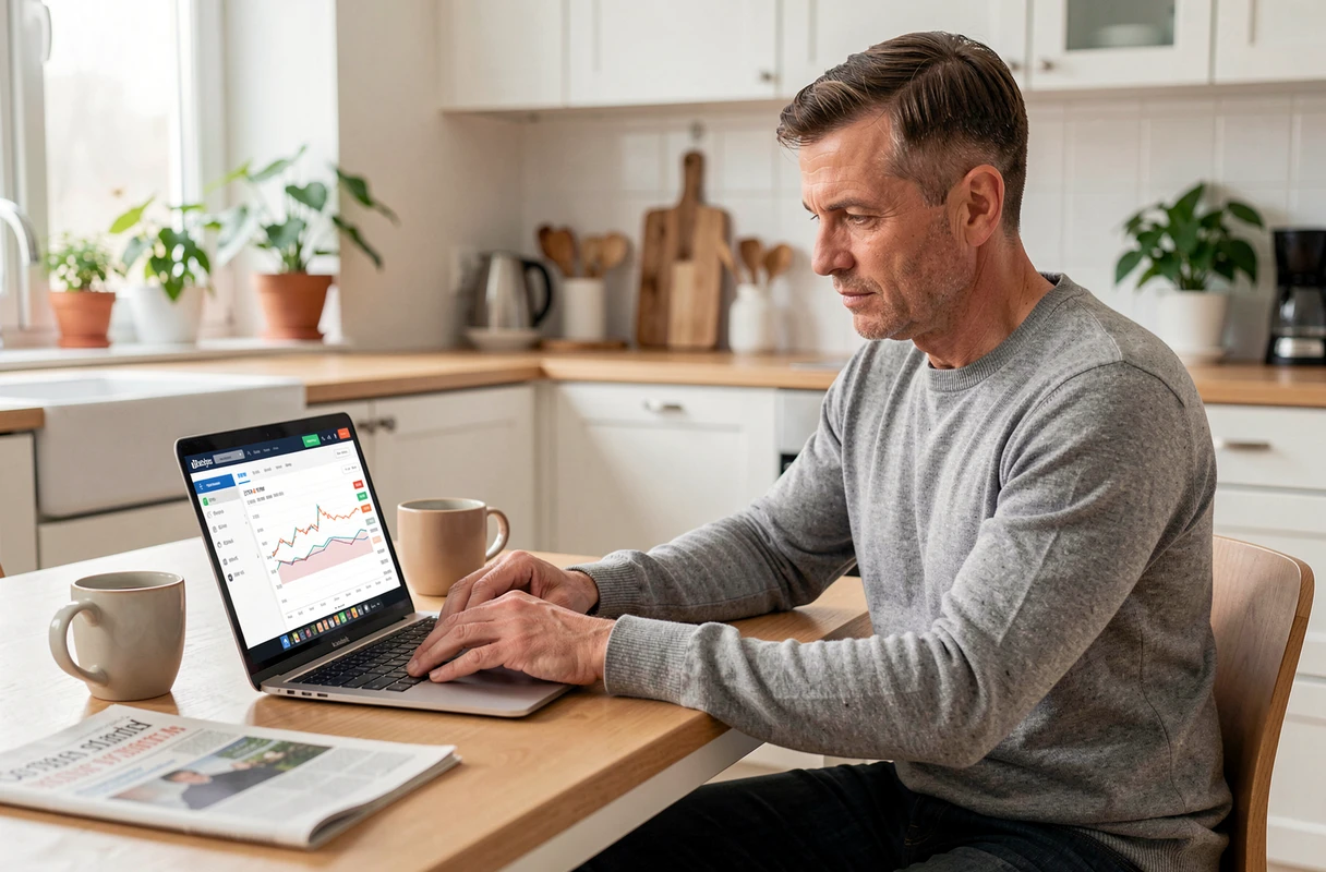 Homme consultant son portefeuille d'ETF sur un ordinateur portable dans une cuisine moderne