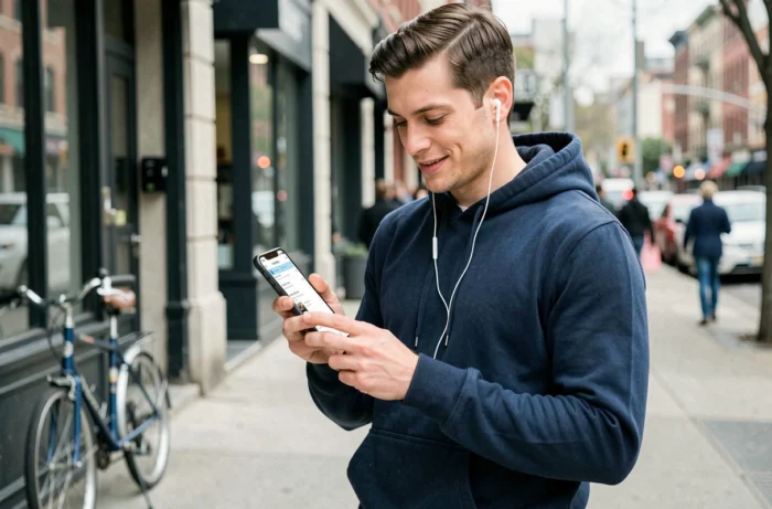 Homme recherchant des offres d'emploi sur son smartphone en ville
