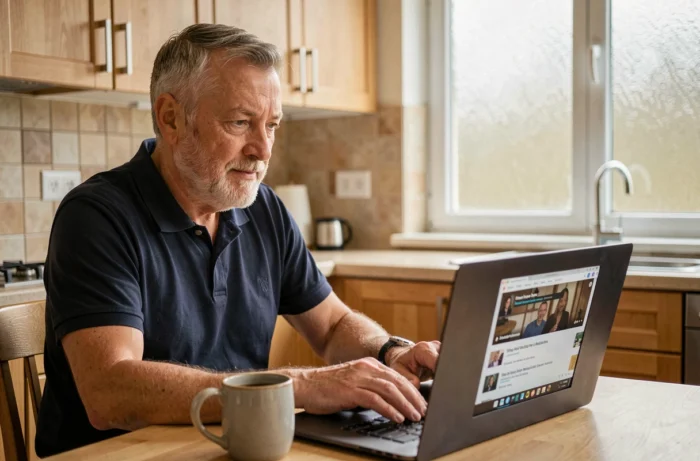 Homme senior utilisant un ordinateur portable pour accéder à une plateforme de streaming dans sa cuisine