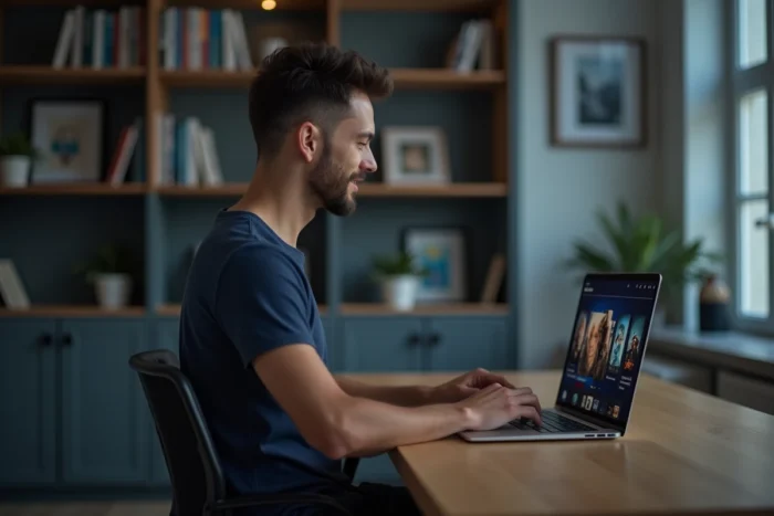 Homme consultant une plateforme de streaming légale sur son ordinateur portable dans un bureau à domicile