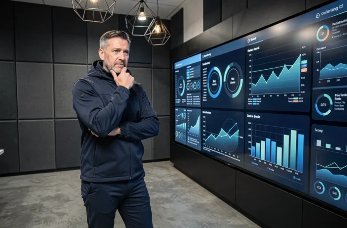 Homme d'affaires analysant des tableaux de bord technologiques sur un écran interactif en salle de conférence