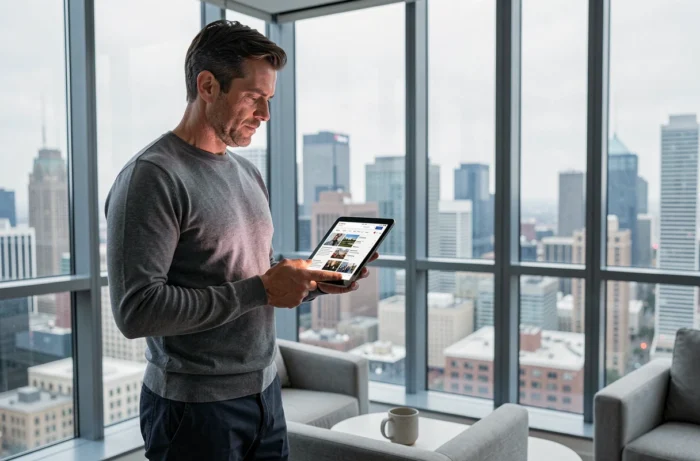 Homme consultant les tendances web sur une tablette numérique dans un appartement urbain contemporain