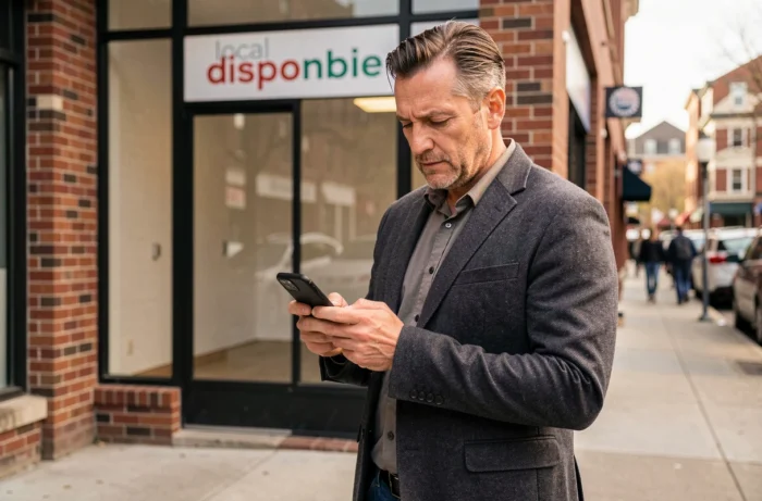Homme consultant son téléphone devant un local commercial vacant après la fermeture d'une entreprise