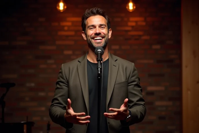 Humoriste masculin souriant sur scène dans un club de comédie avec microphone vintage et mur en briques apparentes
