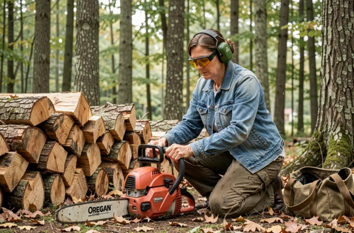Femme inspectant la chaîne d'une tronçonneuse Oregon CS1400 dans un environnement forestier rural