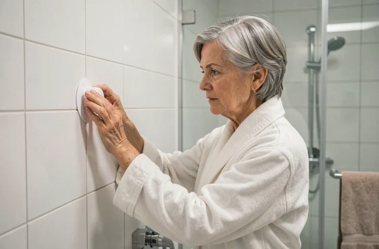 Femme âgée installant une barre d'appui ventouse sur un carrelage blanc dans une salle de bain moderne