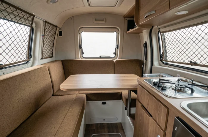 Intérieur aménagé du Citroën Campster avec table pliante, banquette et kitchenette compacte