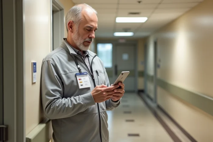 Intervenant à domicile masculin consultant l'interface Philia ADMR sur smartphone en couloir de résidence