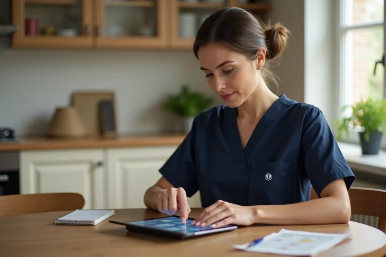 Intervenante ADMR utilisant l'application Philia sur tablette lors d'une visite à domicile