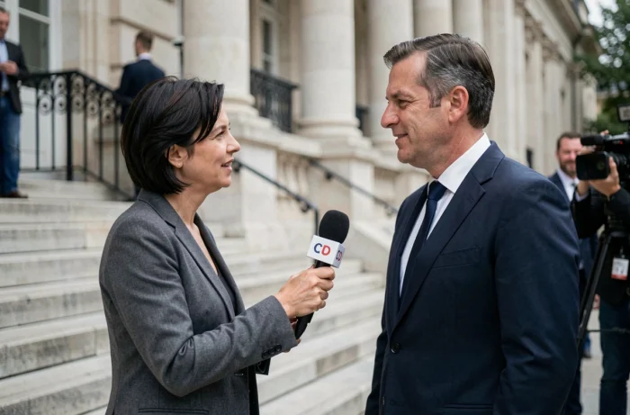 Journaliste interviewant un représentant des Patriotes devant un bâtiment institutionnel parisien