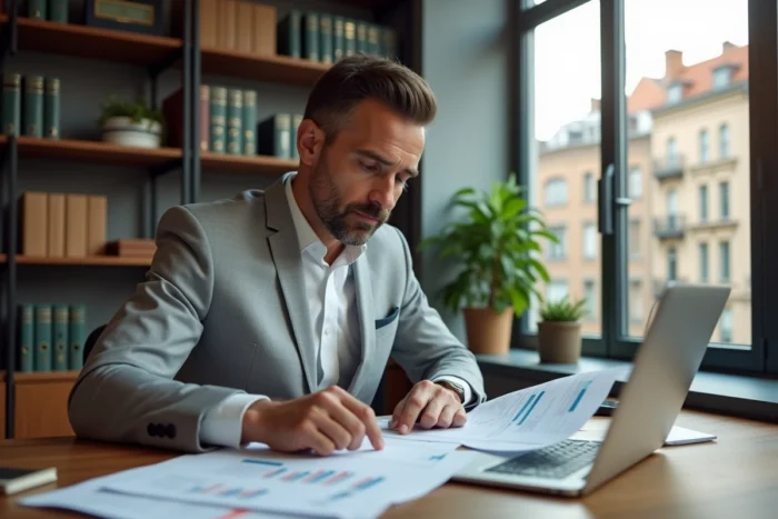 Investisseur immobilier LMNP analysant des documents financiers dans un bureau moderne