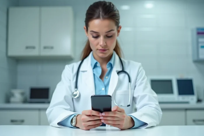 Femme en blouse blanche comparant un iPhone à un thermomètre numérique dans un environnement médical