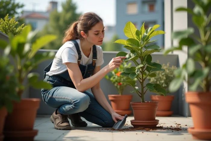 Jardinier inspectant les feuilles jaunes d'un figuier en pot sur une terrasse urbaine pour diagnostiquer la cause du jaunissement