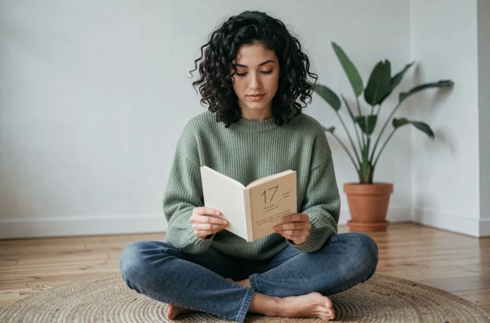 Jeune femme lisant un livre de numérologie ouvert sur le chiffre 17 assise sur le sol d'un appartement minimaliste