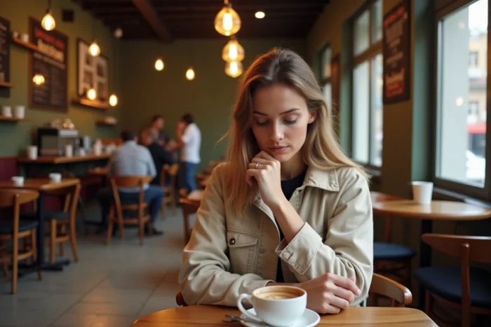 Jeune femme parcourant la liste des pages d'un site d'actualités sur smartphone dans un café urbain