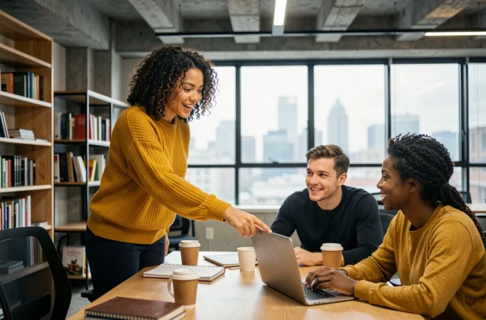 Jeune femme partageant ses connaissances avec ses collègues dans un bureau moderne, illustration du partage optimal en milieu professionnel