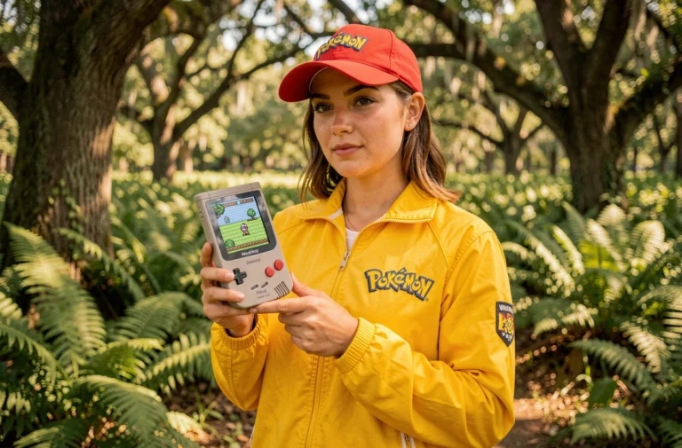 Joueuse Pokémon tenant une Game Boy Color dans une forêt verdoyante évoquant l'univers des Pokémon en T