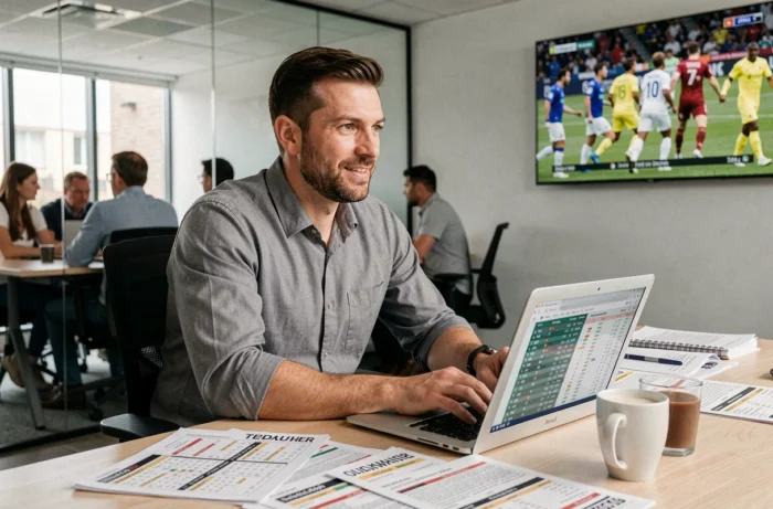 Journaliste sportif masculin travaillant dans une salle de rédaction moderne avec des statistiques de matchs et des scores en direct sur écran